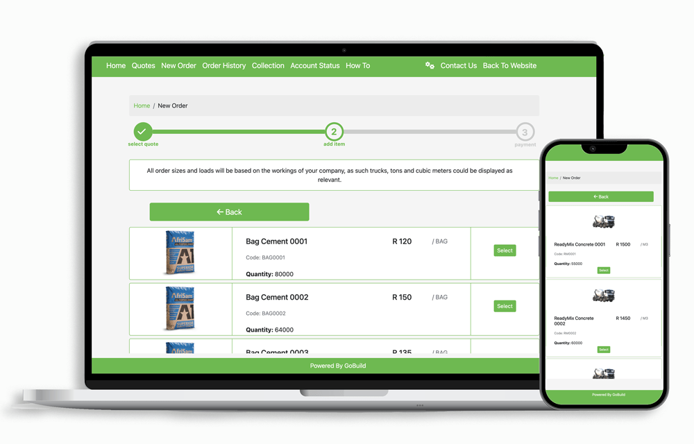 computer and mobile view of online ordering products with GoBuild360 ecommerce for construction