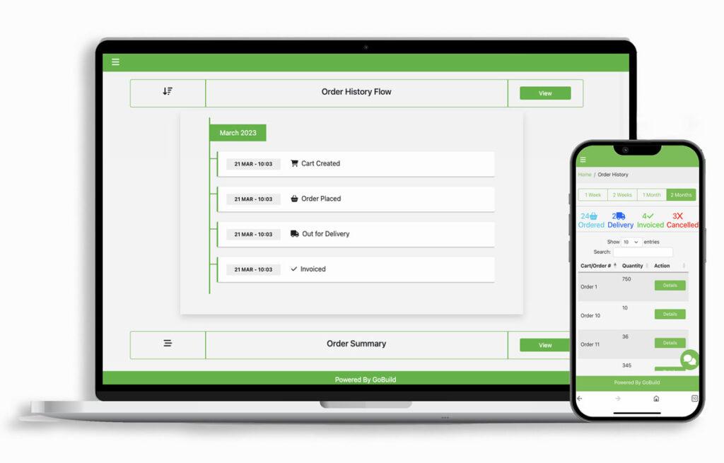 computer and mobile view of GoBuild360 ecommerce for construction syncing with erp