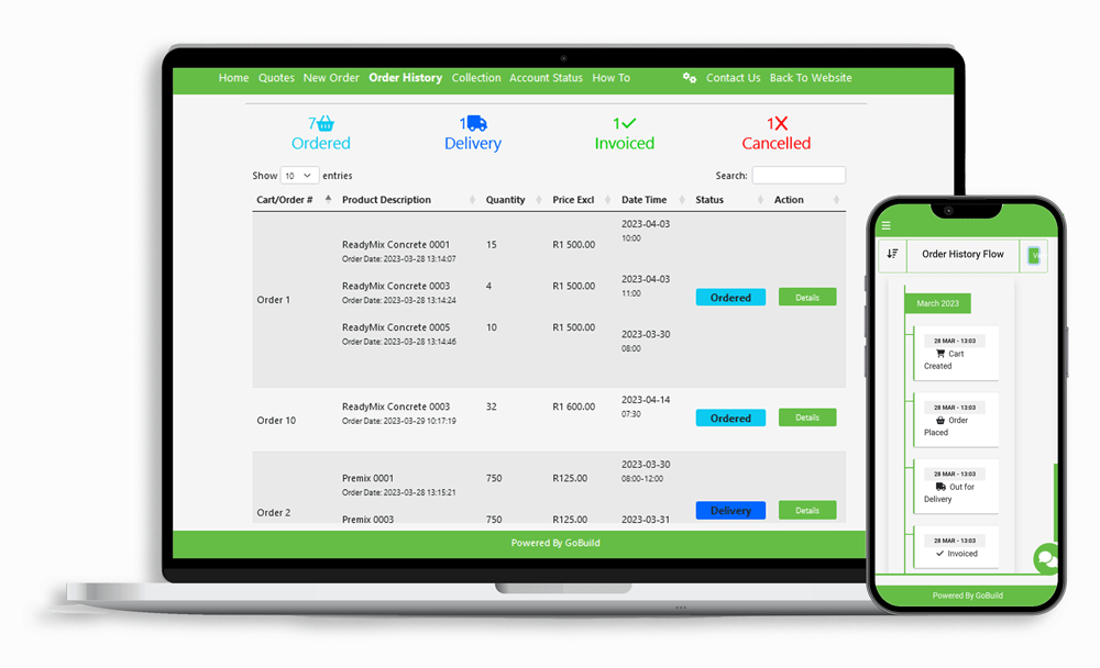 computer and mobile view of online ordering with GoBuild360 ecommerce for construction