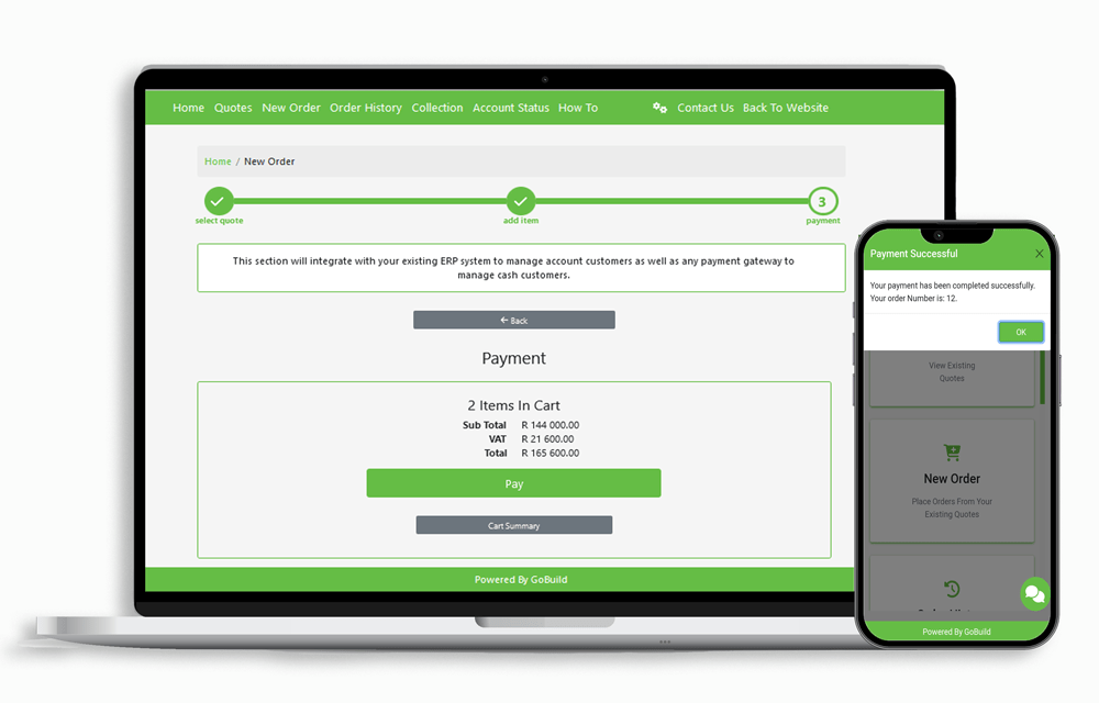 computer and mobile view of online payment with GoBuild360 ecommerce for construction