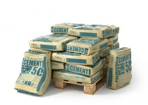 Cement bags stack on wooden pallet. Paper sacks isolated on white background. 3d illustration