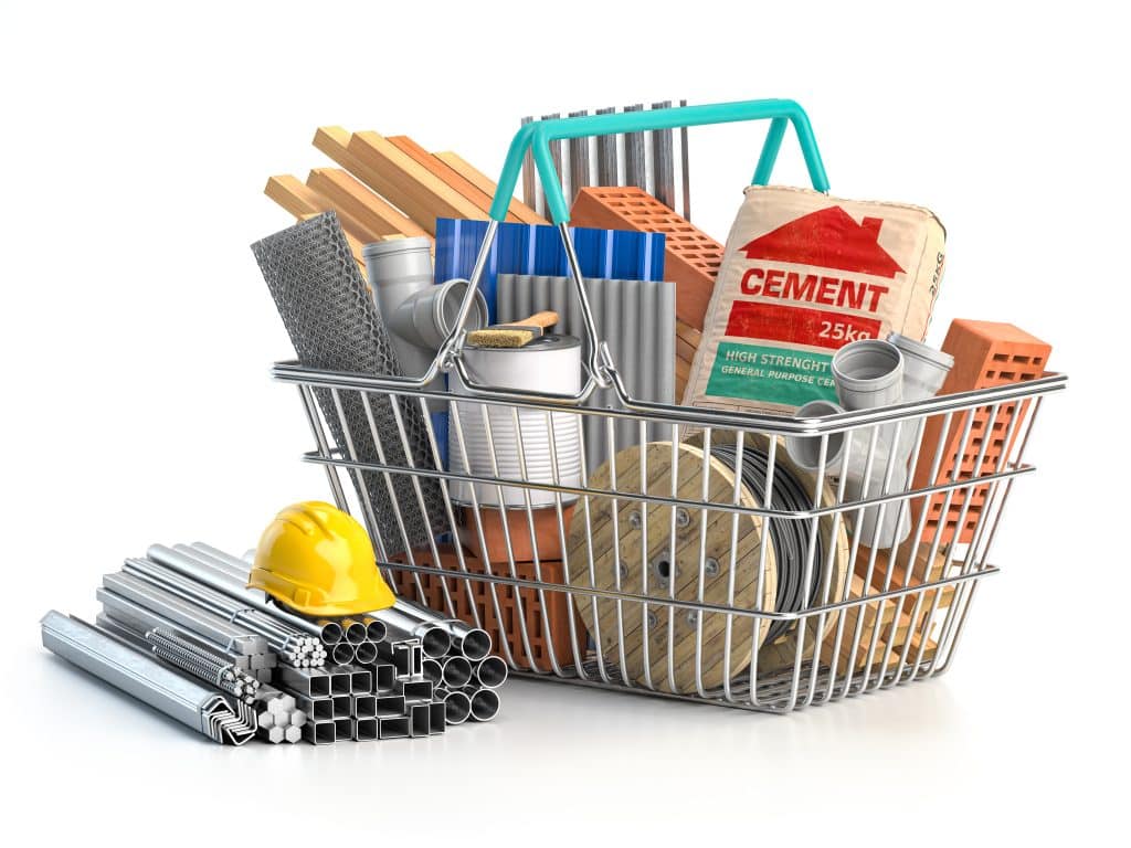 e-commerce Shopping basket full of construction materials and tools with e-commerce basket