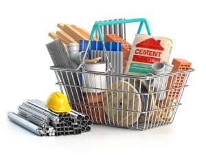 e-commerce Shopping basket full of construction materials and tools with e-commerce basket