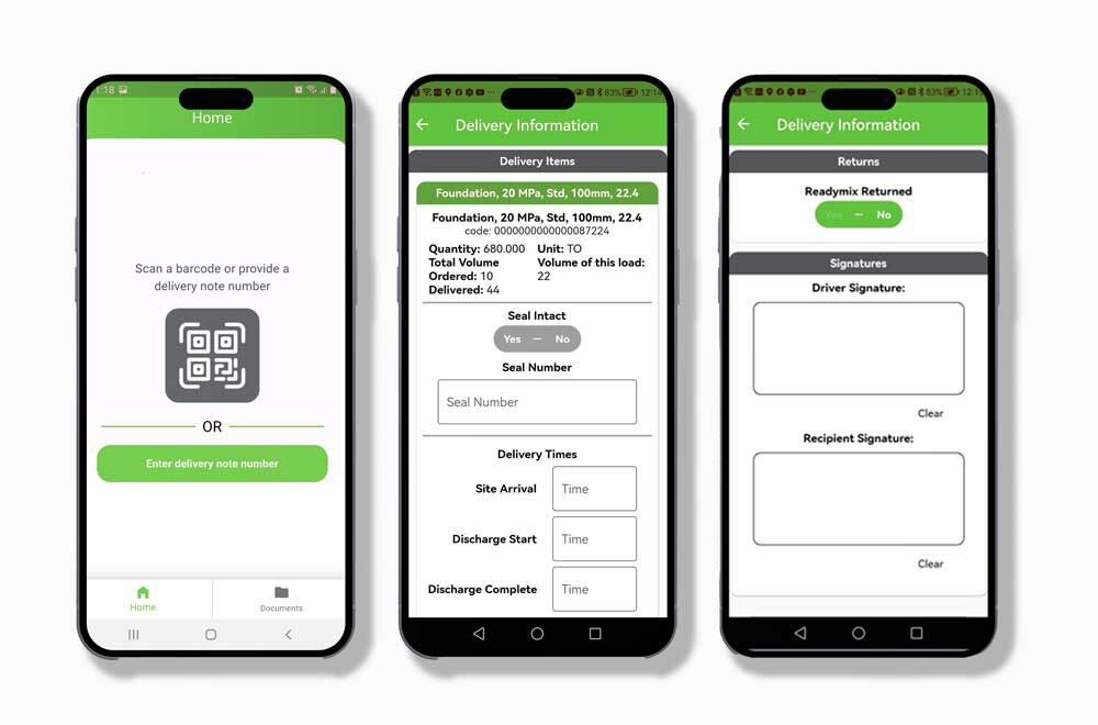 three mobile phone screen displaying the gobuild360 concrete ordering platform