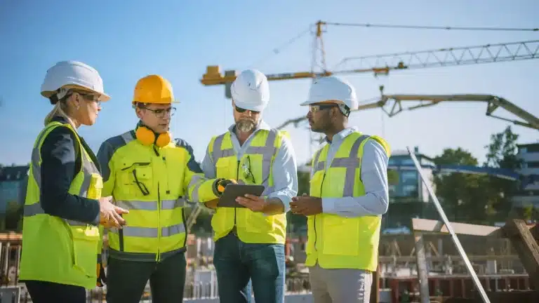 Construction workers looking at a tablet